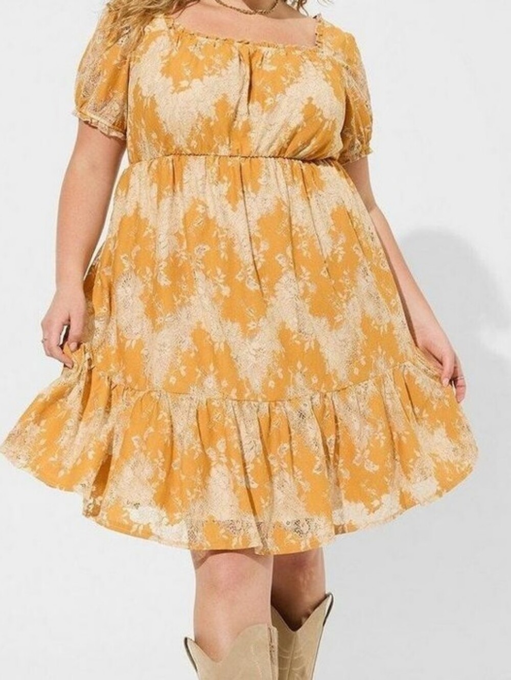Torrid Tiered Babydoll With Lace Mini Dress In Mustard Yellow Size 2 Cottagecore